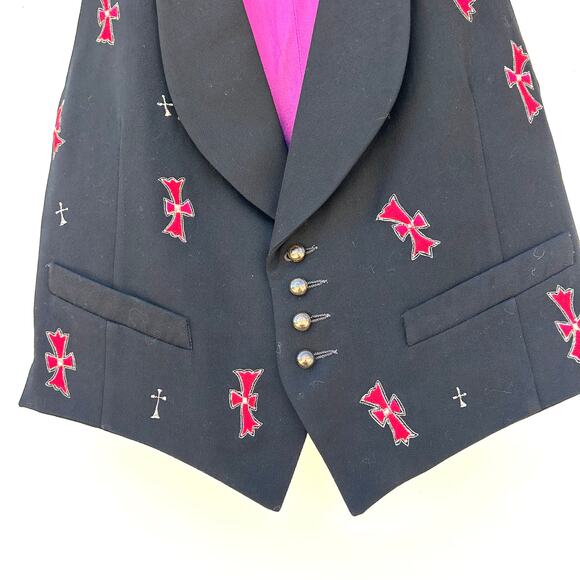 Vintage Q-Wear Wool Vest Red Cross 90s Black Embroidered Waistcoat 38 Size 8 - Picture 5 of 9